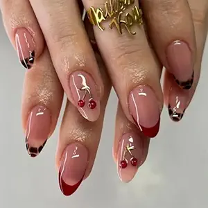 Medium Almond Press On Nails 3D Cherry Red French Tips 24PCS