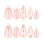 Almond French Press On Nails White Petal Gold Line 24PCS