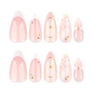 Almond French Press On Nails White Petal Gold Line 24PCS