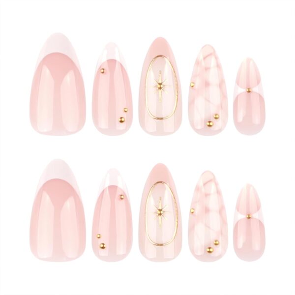 Almond French Press On Nails White Petal Gold Line 24PCS