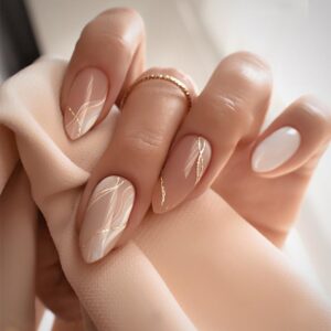 Medium Almond Press On Nails White Gold Line Fall 24PCS