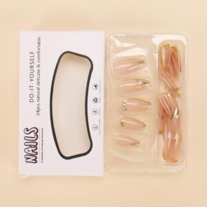 CTTHNBD Press on Nails Almond – French Tip Fake Nails with Gold Line Design – Medium Fasle Nails Press ons – for Women 24 Pcs