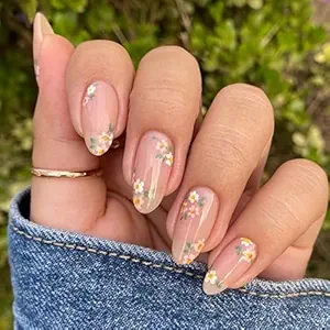 Pink Spring Press on Nails Almond Shape Fake Nails with Small Flower Designs Daisy Floral Artificial Nails Medium Length Spring Summer Glue on Nails Flowers Stick on Nails for Women, 24Pcs