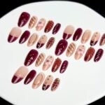Nude Brown Almond Press On Nails 3D Flower Gold Line 30PCS