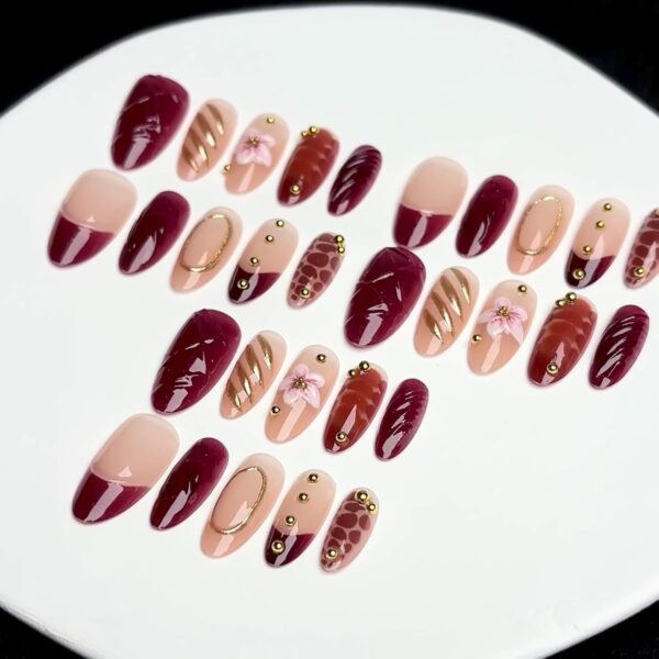 Nude Brown Almond Press On Nails 3D Flower Gold Line 30PCS