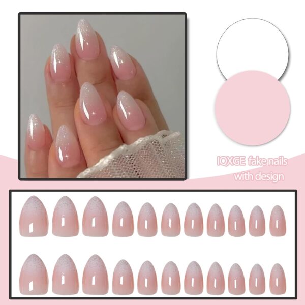 Pink Ombre Acrylic Press On Nails Short Almond Glitter 32PCS