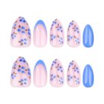 Blue Floral Acrylic Press On Nails Short Almond 24PCS