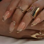 CTTHNBD Press on Nails Almond – French Tip Fake Nails with Gold Line Design – Medium Fasle Nails Press ons – for Women 24 Pcs