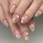 Nude Pink Almond Press On Nails Spring Flower Gold 24PCS