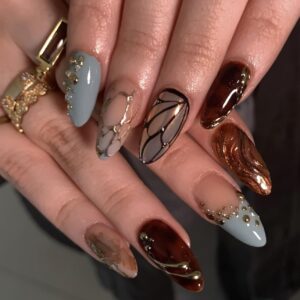 XZMeiLun 3D Butterfly Wings Press On Nails Blue Brown Mixed Medium Almond – Gold Line Pearl Designs, Acrylic Reusable Fake Nails with Adhesive Tabs, Salon…