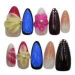 3D Pink Flower Press on Nails Almond – Medium French Tip Fake Nails with Embossed Flower & wave point Designs, Glossy Finish Reusable False Nails with Glue Tabs – 10Pcs Nail Kit for Women Manicure.