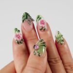 Press On Nails Short Almond Handmade 3D Flower Metallic Butterflies Fake Nails, Green Chrome Ladybug Design French False Nails for Spring Party Daily Wear (Spring Green Pastel Garden,L)