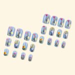 Blue Spring Floral Press On Nails Medium Square Gold 24PCS