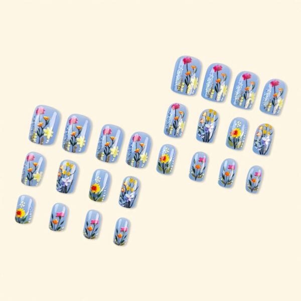 Blue Spring Floral Press On Nails Medium Square Gold 24PCS
