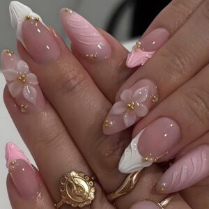 Medium Almond Pink Press On Nails 3D Flower Gold 24PCS