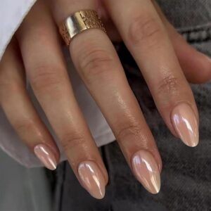 Short Almond Nude Press On Nails Chrome Bling Design 30PCS