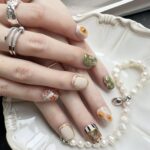 Gallery Bloom Press On Nails, 10pcs Short Squoval for Hands, Handmade Floral & Stripe Mix with Gold Frame Accents, Reusable Glue On False Nails (Size Large)