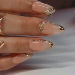CTTHNBD Press on Nails Almond – French Tip Fake Nails with Gold Line Design – Medium Fasle Nails Press ons – for Women 24 Pcs