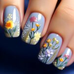 Blue Spring Floral Press On Nails Medium Square Gold 24PCS