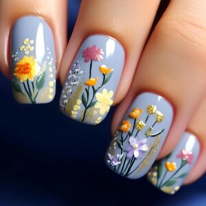 Blue Spring Floral Press On Nails Medium Square Gold 24PCS