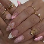 Medium Almond Pink Press On Nails 3D Flower Gold 24PCS