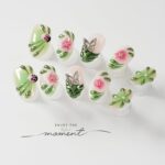 Press On Nails Short Almond Handmade 3D Flower Metallic Butterflies Fake Nails, Green Chrome Ladybug Design French False Nails for Spring Party Daily Wear (Spring Green Pastel Garden,L)