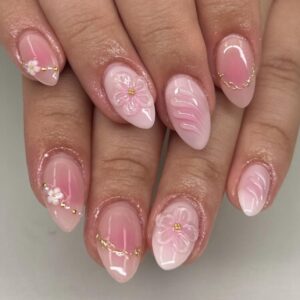 3D Flower Press On Nails Short Almond Pink Ombre 24PCS