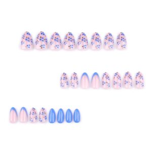 Blue Floral Acrylic Press On Nails Short Almond 24PCS