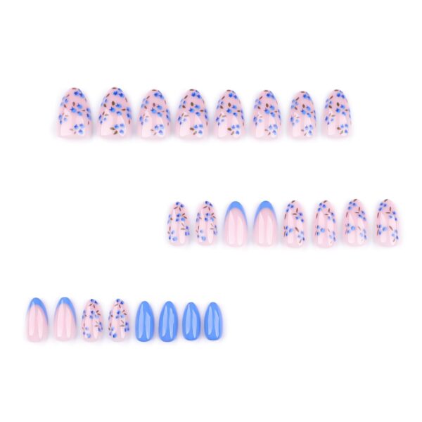 Blue Floral Acrylic Press On Nails Short Almond 24PCS