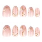 Nude Pink Almond Press On Nails Spring Flower Gold 24PCS