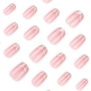 Elegant Pink French Tip Press On Nails Square Glitter 24PCS