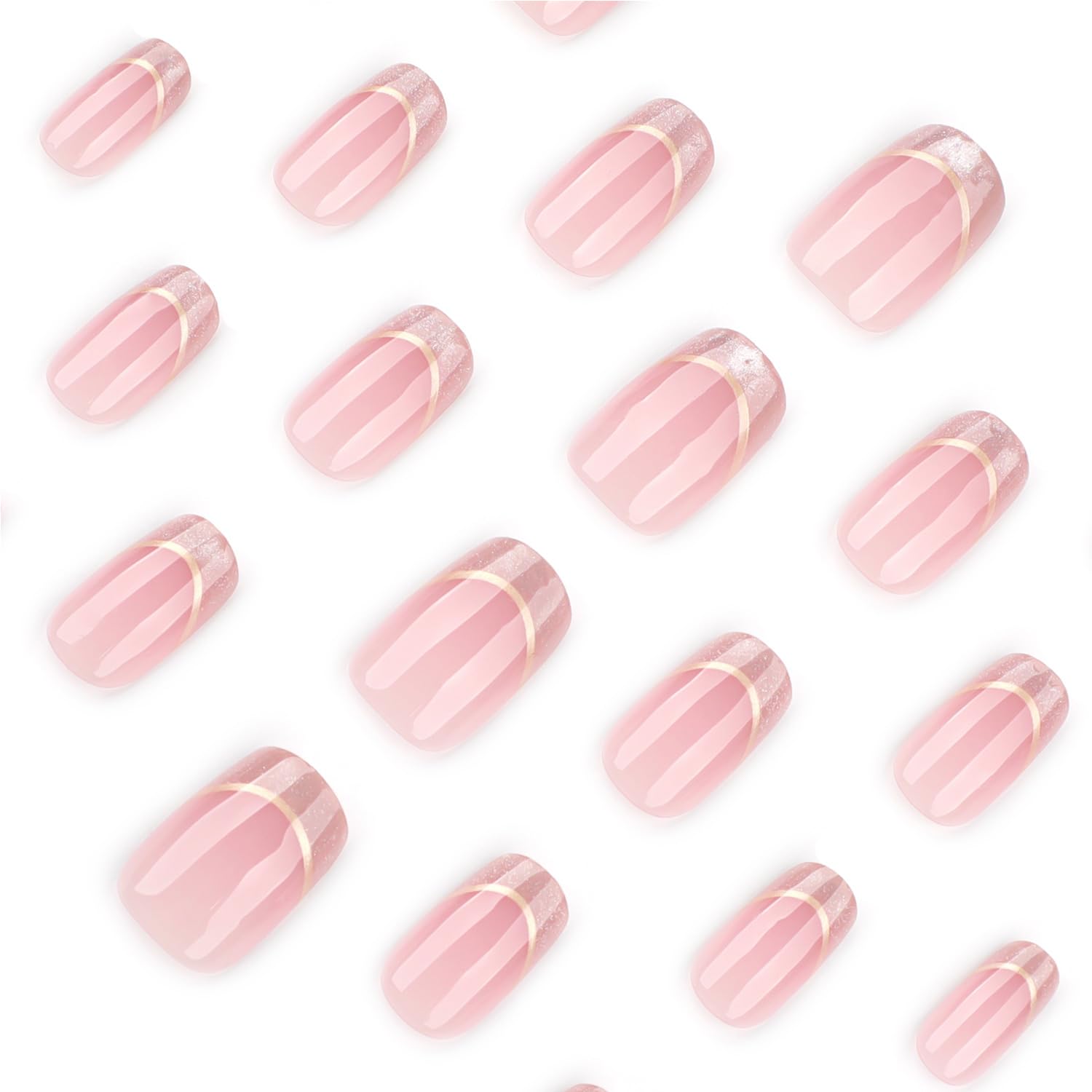 Elegant Pink French Tip Press On Nails Square Glitter 24PCS