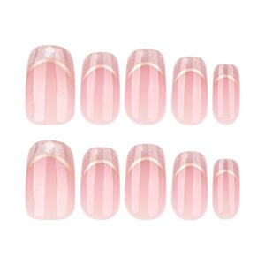 Elegant Pink French Tip Press On Nails Square Glitter 24PCS