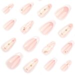 Almond French Press On Nails White Petal Gold Line 24PCS