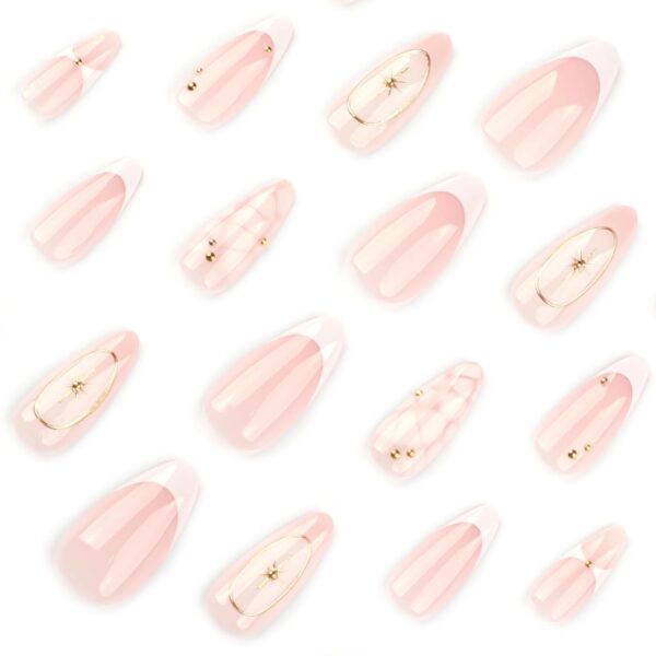 Almond French Press On Nails White Petal Gold Line 24PCS