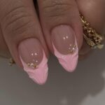 Medium Almond Pink Press On Nails 3D Flower Gold 24PCS