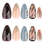 XZMeiLun 3D Butterfly Wings Press On Nails Blue Brown Mixed Medium Almond – Gold Line Pearl Designs, Acrylic Reusable Fake Nails with Adhesive Tabs, Salon…