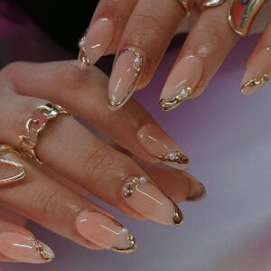 CTTHNBD Press on Nails Almond – French Tip Fake Nails with Gold Line Design – Medium Fasle Nails Press ons – for Women 24 Pcs
