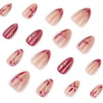 Red Floral Leaf Almond Press On Nails Medium 24PCS