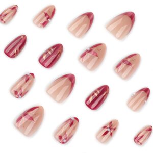 Red Floral Leaf Almond Press On Nails Medium 24PCS