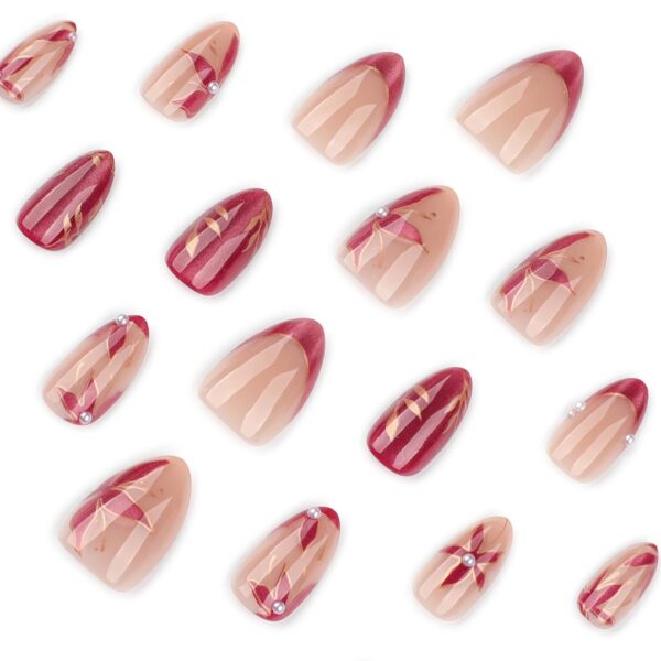 Red Floral Leaf Almond Press On Nails Medium 24PCS