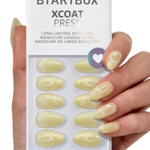 BTArtbox 3D Bow Yellow Almond Press On Nails Short 32PCS
