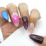 Pink Embossed Flower Press On Nails Almond French Tip 10 Pcs