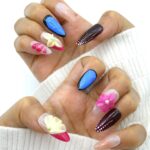 3D Pink Flower Press on Nails Almond – Medium French Tip Fake Nails with Embossed Flower & wave point Designs, Glossy Finish Reusable False Nails with Glue Tabs – 10Pcs Nail Kit for Women Manicure.