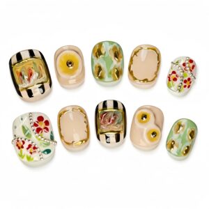 Gallery Bloom Press On Nails, 10pcs Short Squoval for Hands, Handmade Floral & Stripe Mix with Gold Frame Accents, Reusable Glue On False Nails (Size Large)