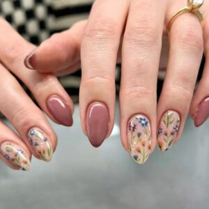 Floral Acrylic Press On Nails Short Almond Full Cover 30PCS