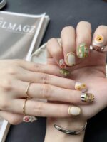 Gallery Bloom Press On Nails, 10pcs Short Squoval for Hands, Handmade Floral & Stripe Mix with Gold Frame Accents, Reusable Glue On False Nails (Size Large)