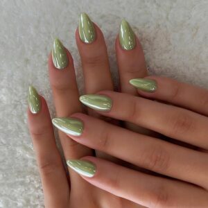 Sage Green Nails Short Almond Press On 30 Pcs Gel Finish