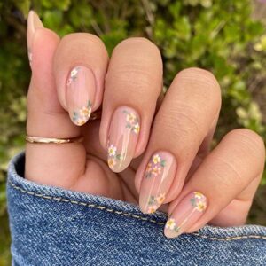 Medium Almond Pink Daisy Press On Nails Spring Floral 24PCS