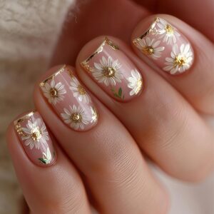 Spring Daisy French Tip Press On Nails Short Square 24PCS